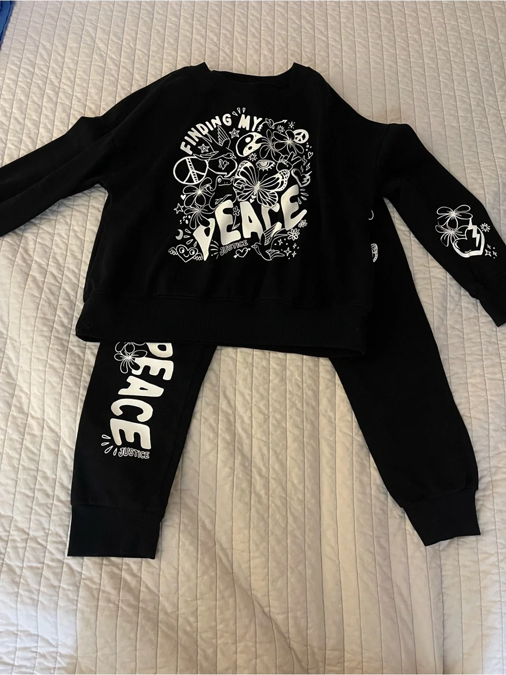 Justice Black Kids Matching Set with White Peace Graphics